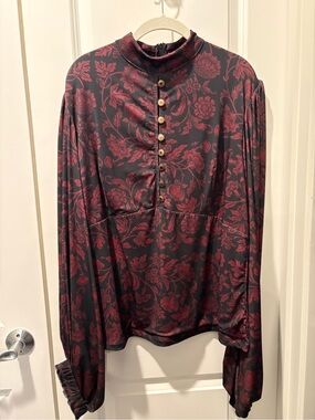 Floral High-Neck Long-Sleeve Blouse in Burgundy and Black